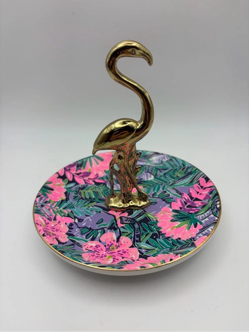 Lilly Pulitzer Flamingo Ring Dish Tropical Floral Trinket Tray Gold Tone